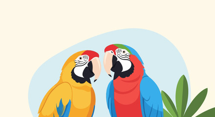 Obraz premium Two vibrantly colored macaws, a yellow and blue, and a red and blue, face each other