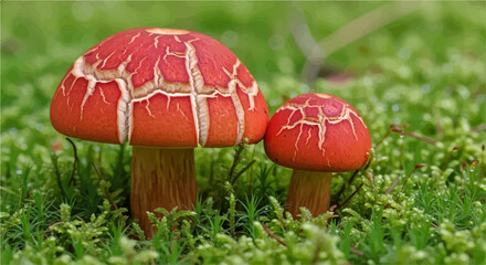 Two vibrant red mushrooms with white cracked patterns on their caps grow amidst green moss