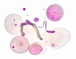 Vivid microscopic view of abstract biological structures, stained purple, within translucent fluid, isolated on white for scientific study