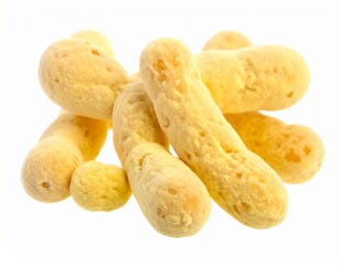 Pile of Golden Cheesy Puffs, Baked Savory Snack Food Isolated on White Background