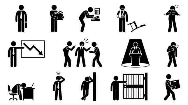Workplace Loss And Risk Stickman Pictogram Set � Career Stress, Accident, Failure And Human Error Icons On White Background