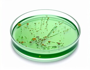 Microscopic Bacterial Colonies Growing in a Petri Dish with Green Agar Medium on a White Background