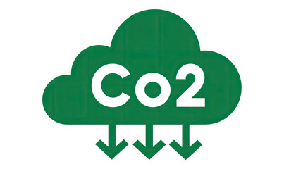Green cloud silhouette with white "Co2" text; three down arrows suggest emittance