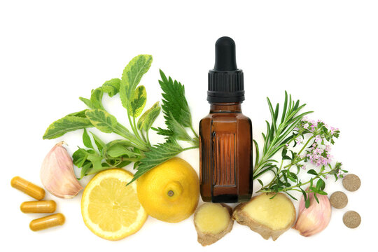 Anti histamine hayfever herbal medicine, dropper bottle, herbs, spice, food supplement capsules on white. Treatment for summer sneezing allergies.