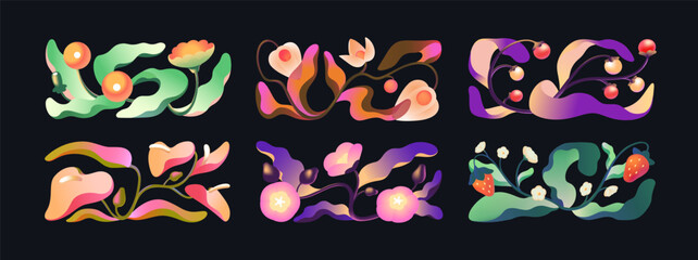 Fototapeta premium Set of abstract flowers with berries in gradient style. Wildflowers, strawberry, physalis, dandelion with crooked leaves. Twisted plants and branches. Floral decor. Flat isolated vector illustrations