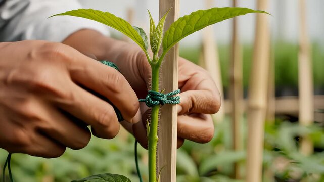Gardener Securing a Young Plant to a Wooden Stake With Green Twine