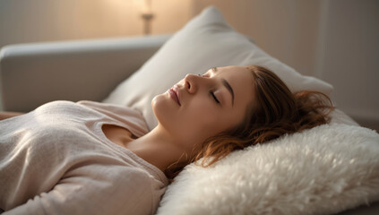 Obraz premium Young woman resting on couch with eyes closed in soft living room light