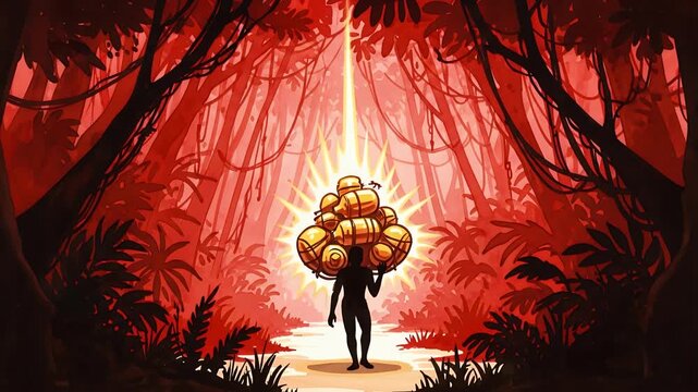 Lumbering Adventurer Carrying Glowing Cargo Through Fiery Red Jungle