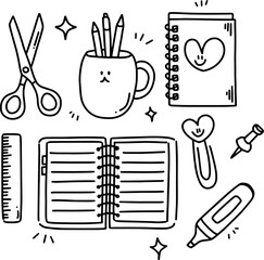 Cute stationery doodle set with notebook scissors pencils in mug ruler and highlighter in kawaii hand drawn style