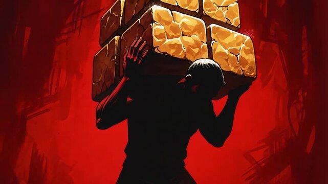 Muscular silhouette carrying a stack of immense heavy golden blocks on back