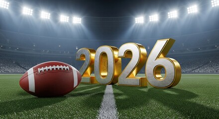 Obraz premium 2026 American Football Championship Concept. Ball on Stadium Grass at Night
