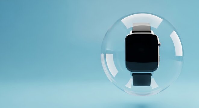 Smartwatch encased in a protective transparent bubble on a blue background.