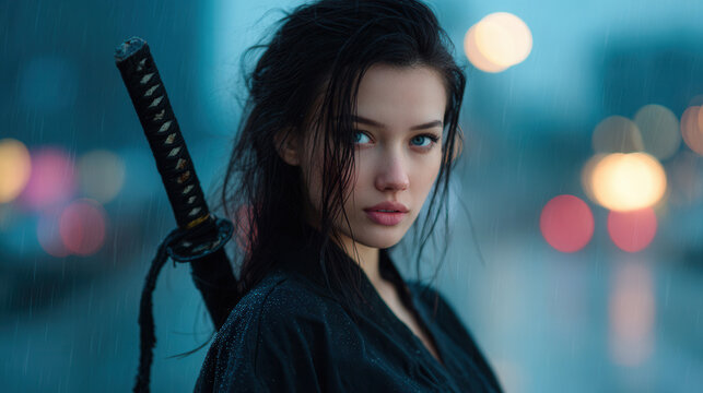 young Asian girl holding katana sword