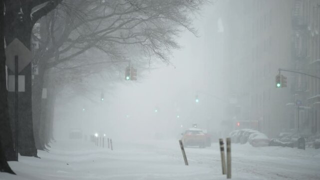 Traffic moving cautiously on New York City avenue during heavy snow