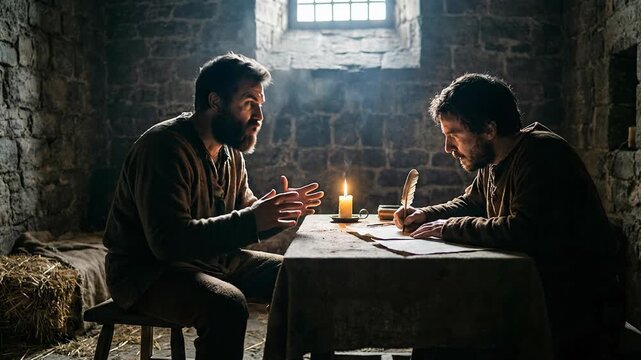 Historical Scene of Bearded Explorer Marco Polo Sitting in Genoa Prison Cell Dictating Travel Stories to Writer Rustichello da Pisa Who Writes Furiously on Parchment by Candlelight

