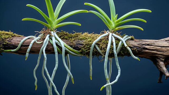 Two Tropical Orchids Vanda Species Aerial Roots Hanging Down on Mossy Branch