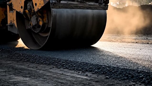 Road construction in progress with a steam roller compacting gravel on a sunny day