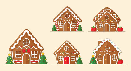 Various gingerbread houses decorated for winter holidays