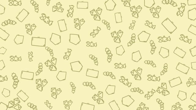 Seamless looping animation of abstract candy and geometric icons pattern with sweets, wrappers, and simple shapes. Clean line art on soft pastel background, ideal for playful motion graphics.