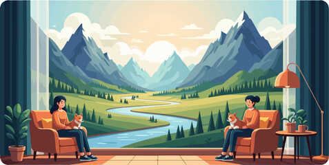 Obraz na płótnie Canvas Two women and their dogs relax indoors with a scenic mountain valley view