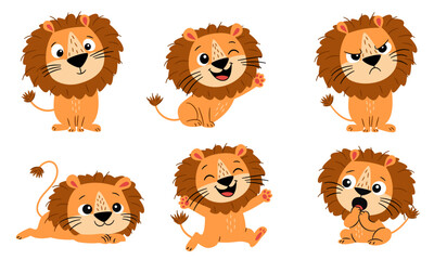 A set of flat vector illustrations in a simple, childish style. Cute lions in various poses and expressions. Vector illustration