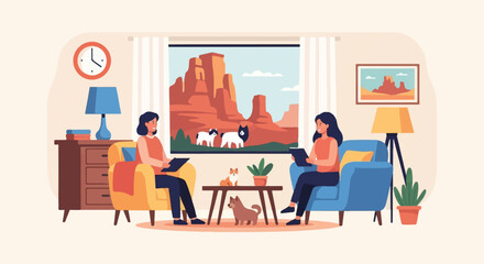 Obraz na płótnie Canvas Two women and dogs relax indoors viewing a desert landscape through window