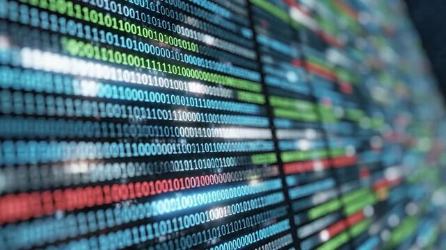 Binary code matrix in varying colors suggesting digital data processing and technology