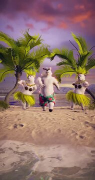 3D Render of Polar Bears Dancing on Tropical Beach at Sunset, Romantic Travel Getaway with Exotic Island, Palm Trees, Ocean Waves, Paradise Holiday