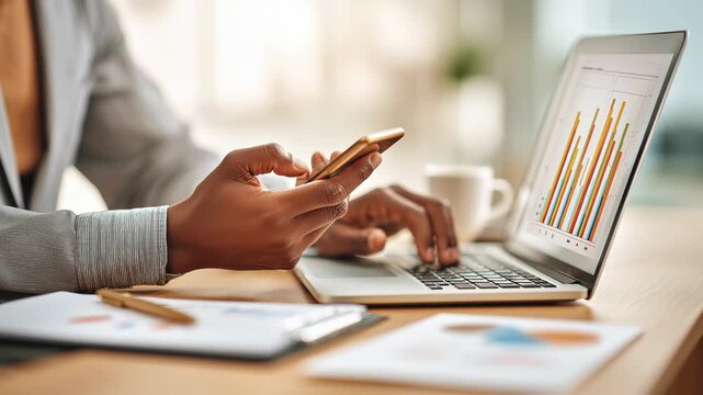Business person working with financial statement graph and circular chart on desk in office.