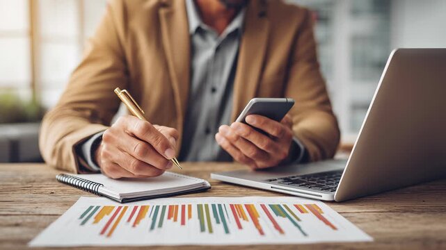 Business person working with financial statement graph and circular chart on desk in office.