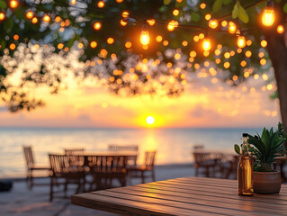Serene Beach Sunset with String Lights and Table Setting