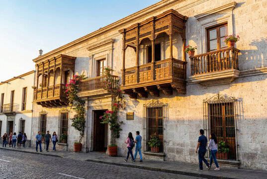 Historic colonial mansion in Arequipa, Peru, featuring magnificent hand-carved wooden balconies and white sillar stone walls under the golden light of sunset with people walking on a cobblestone stree