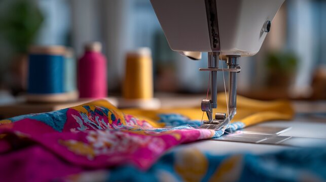 An overhead view showcasing a sewing machine needle in action as it stitches delicate fabric, with intricate patterns emerging, surrounded by brightly colored fabric swatches and tools creating a