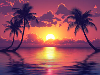 Serene Sunset Over Ocean with Palm Trees