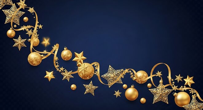 Golden baubles and stars on a dark blue background for christmas