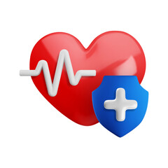 Vector cartoon 3d health protection icon. 3d render of red heart with shield, medical cross and pulse line. Cardiology first aid sign. Healthcare, hospital, medical insurance symbol for app, design