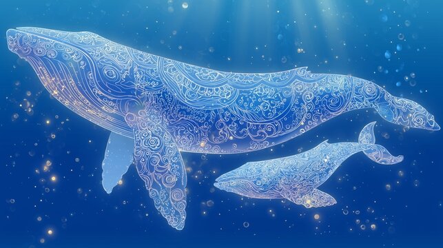 cute glowing whale and baby whale cartoon illustration with ethereal symmetry