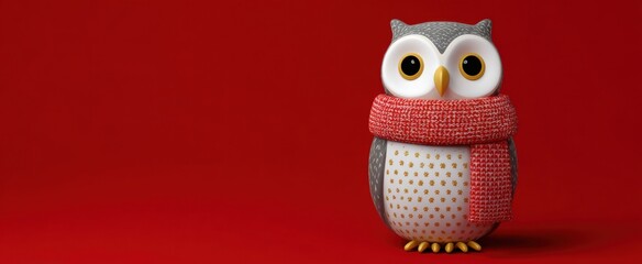 Naklejka premium ceramic owl donning a cozy scarf on a red backdrop symbolizing seasonal budgeting tips
