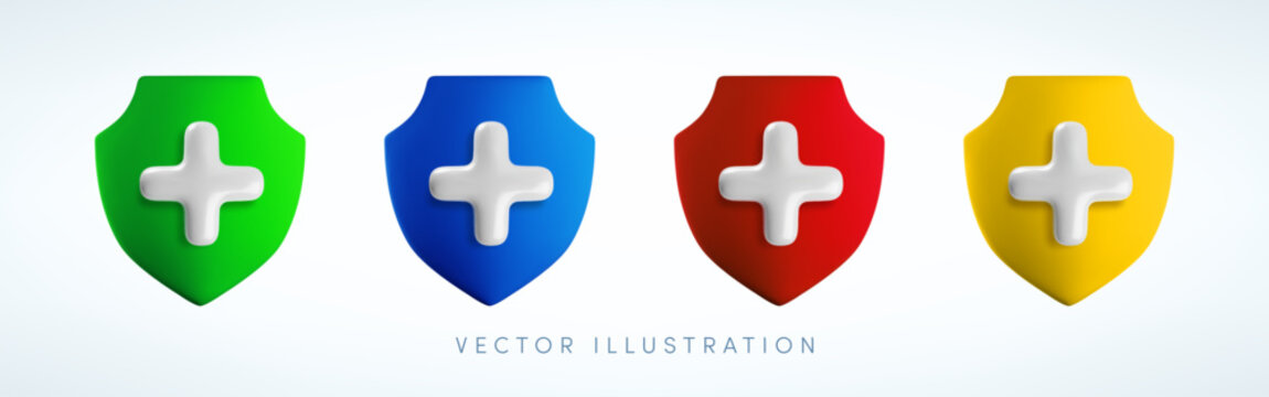 Vector cartoon 3d health protection icon set. 3d render of red, green, blue, yellow shield with white medical cross. First aid sign. Antivirus safety, healthcare, immunity, insurance icon collection.