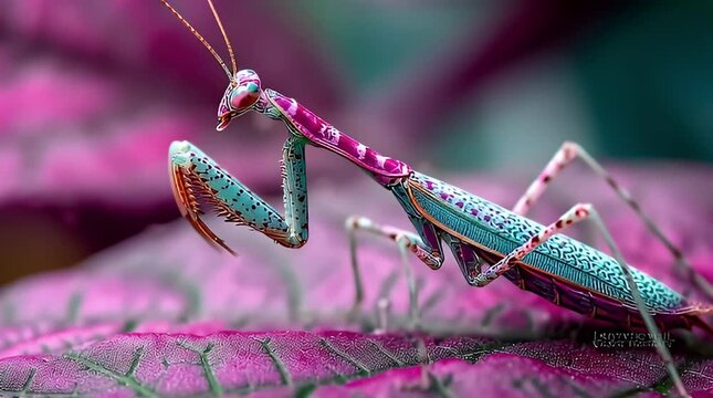 A colorful praying mantis stands on a vibrant pink leaf outdoors