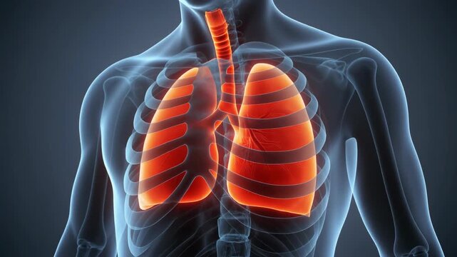 Advanced 3D rendering displays human lungs and respiratory system within the translucent skeletal structure, highlighting anatomical detail for medical study.