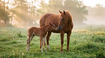 Fototapeta premium Chestnut mare with newborn foal nursing in misty green meadow at sunrise with sun rays and backlit haze