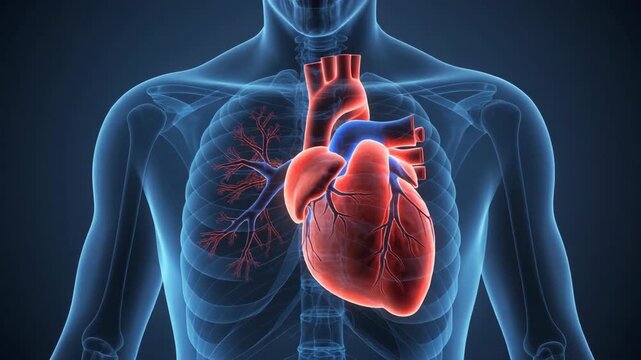 3D medical visualization of human heart and bronchial tree anatomy within translucent blue male torso showing cardiovascular system.