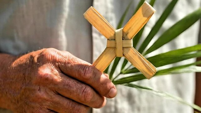 Video, Palm Sunday theme, hands holding a cross, close-up, Christian celebration that falls on the Sunday before Easter.