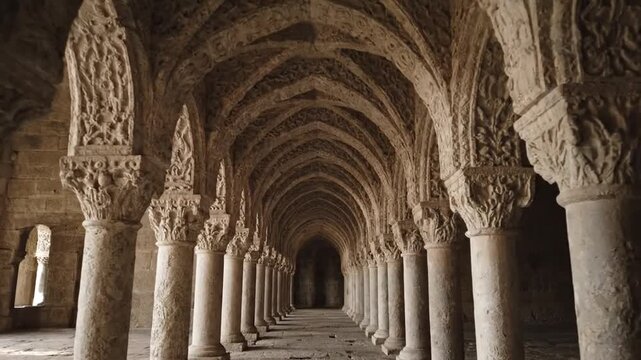The interior of a historic monastery features a long corridor with ornate arches and columns.