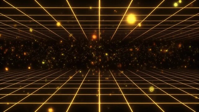 Converging Grid of Yellow Lines and Dots Toward Center Over Dark Brown Base