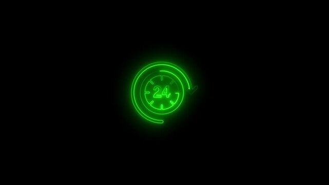 Neon Green 24 Hour Clock with Arrow on Black Background neon green clock glowing clock neon sign green neon light