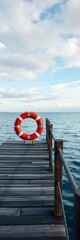 Fototapeta premium Life preserver ring on a wooden pier overlooking the water, ocean, life preserver