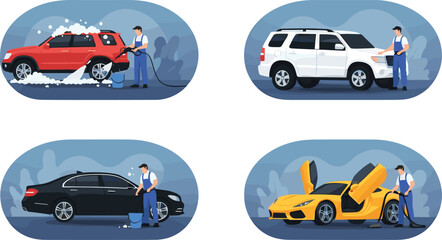 Naklejka premium Professional Car Detailing and Wash Service Set featuring Workers Cleaning SUV, Sedan, and Sports Cars for Automotive Maintenance Business Marketing and Garage Workshop Graphics
