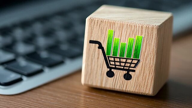 Wooden block with shopping cart and green bar graph